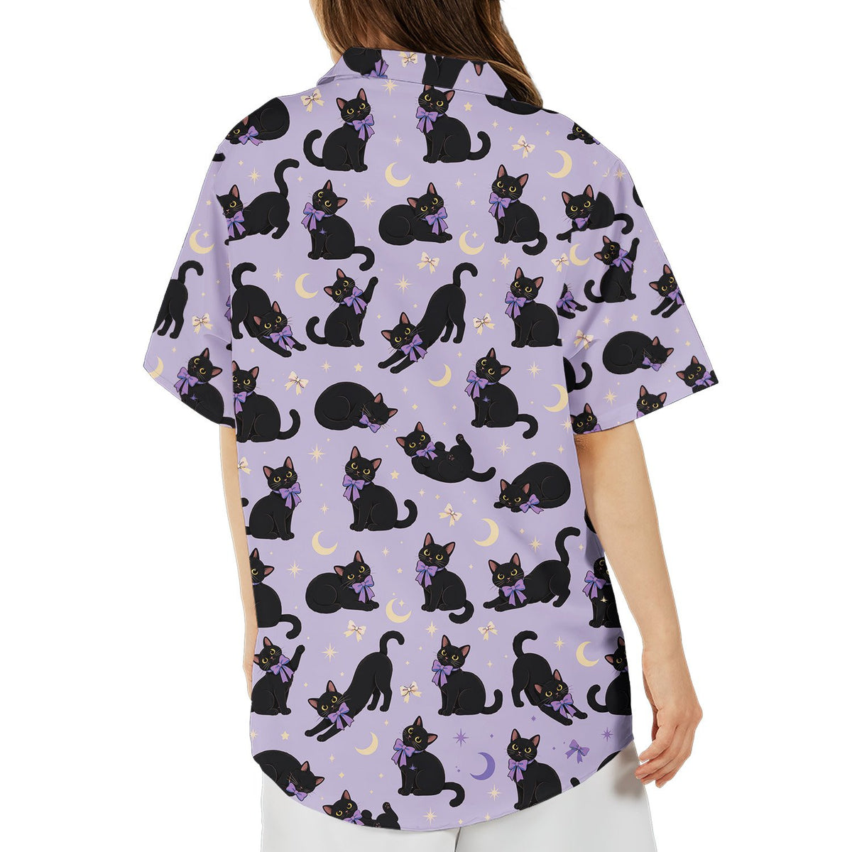 Back view of the cats hawaiian shirt highlighting the all-over print