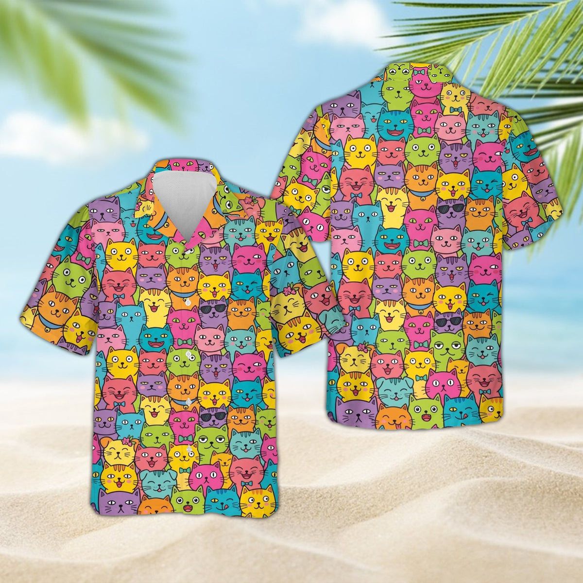 Close up of colorful cartoon cats pattern on matching family hawaiian shirt