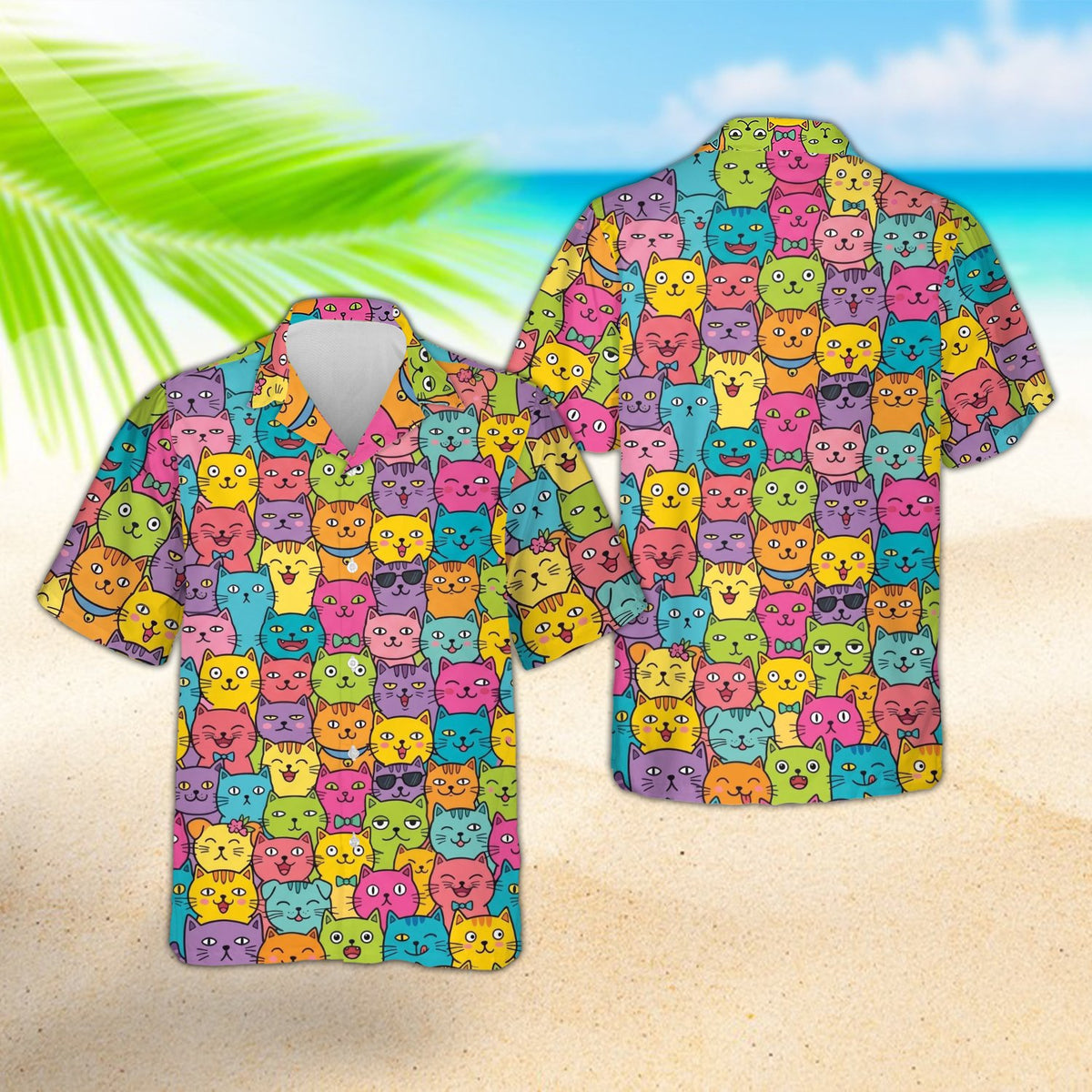Front view of the matching family hawaiian shirt featuring pink blue and yellow cats