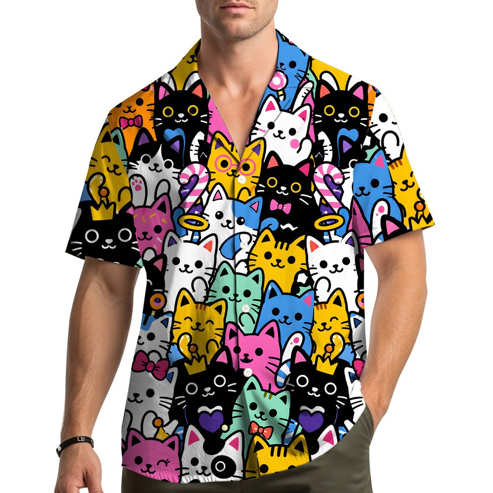 Another front view of the colorful cartoon cats hawaiian shirt