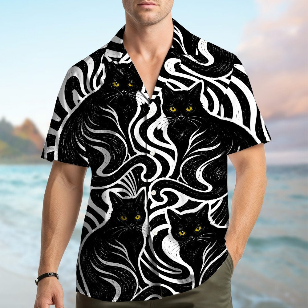 Another front view of abstract black and white cat hawaiian shirt