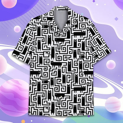 Detailed front view of the matching family hawaiian shirt showing the cat maze design