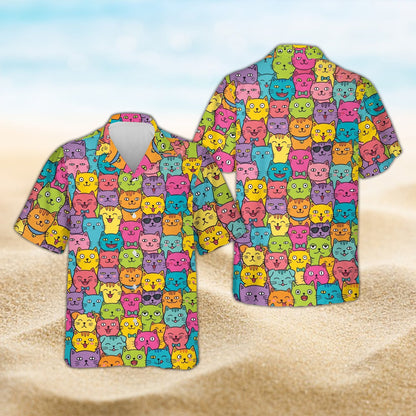 Detail showing the button down style of the cartoon cat hawaiian shirt