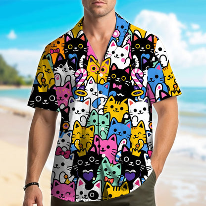 Detailed front view of the cats hawaiian shirt showing the collar and buttons