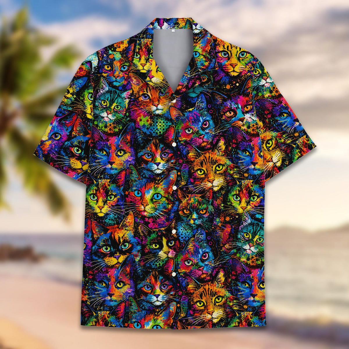 Detailed front view of the matching family hawaiian shirt showing vibrant cat faces