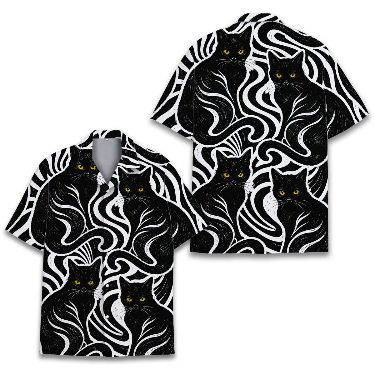 Front view of black cats hawaiian shirt for family matching