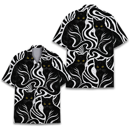 Front view of black cats hawaiian shirt for family matching