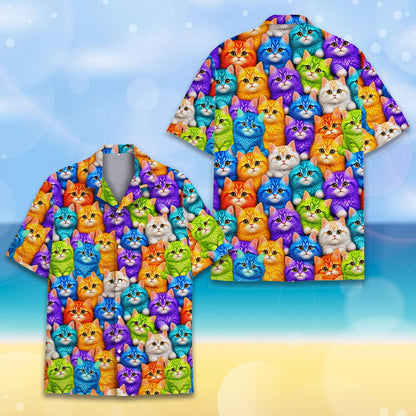 Detailed front view showing the dense cat pattern on the hawaiian shirt