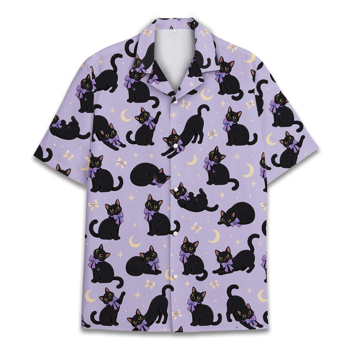 Detailed front view of the halloween hawaiian shirt showing the purple bows on the cats