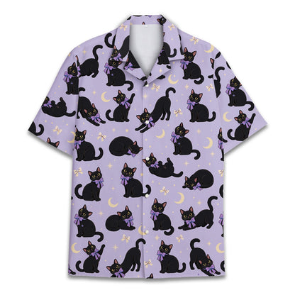 Detailed front view of the halloween hawaiian shirt showing the purple bows on the cats
