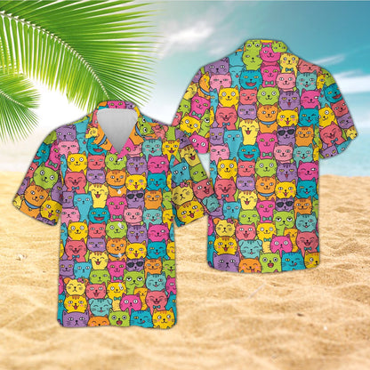 Full front view of the vibrant multicolor cat hawaiian shirt