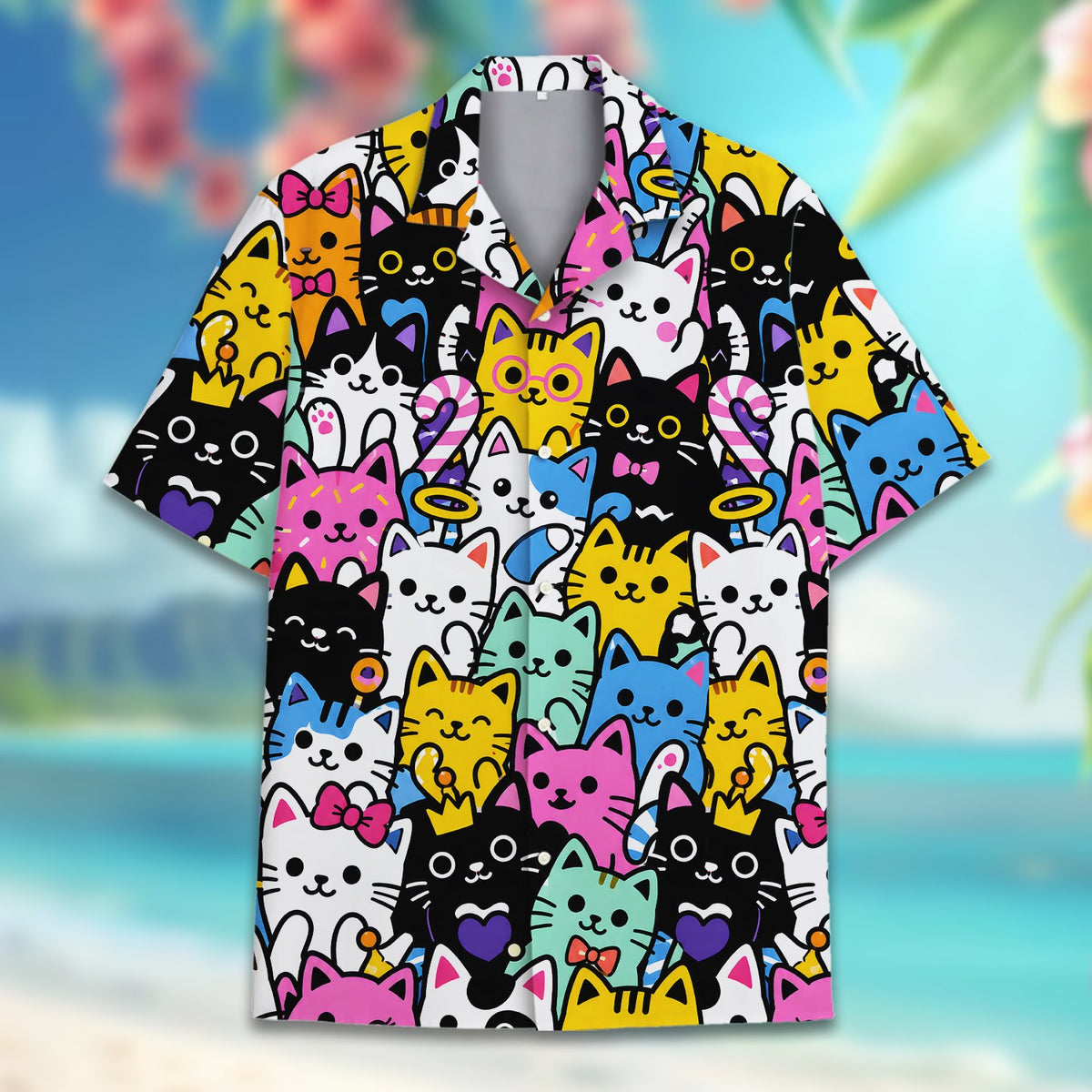 Close-up front view of the colorful cartoon cats pattern on the hawaiian shirt