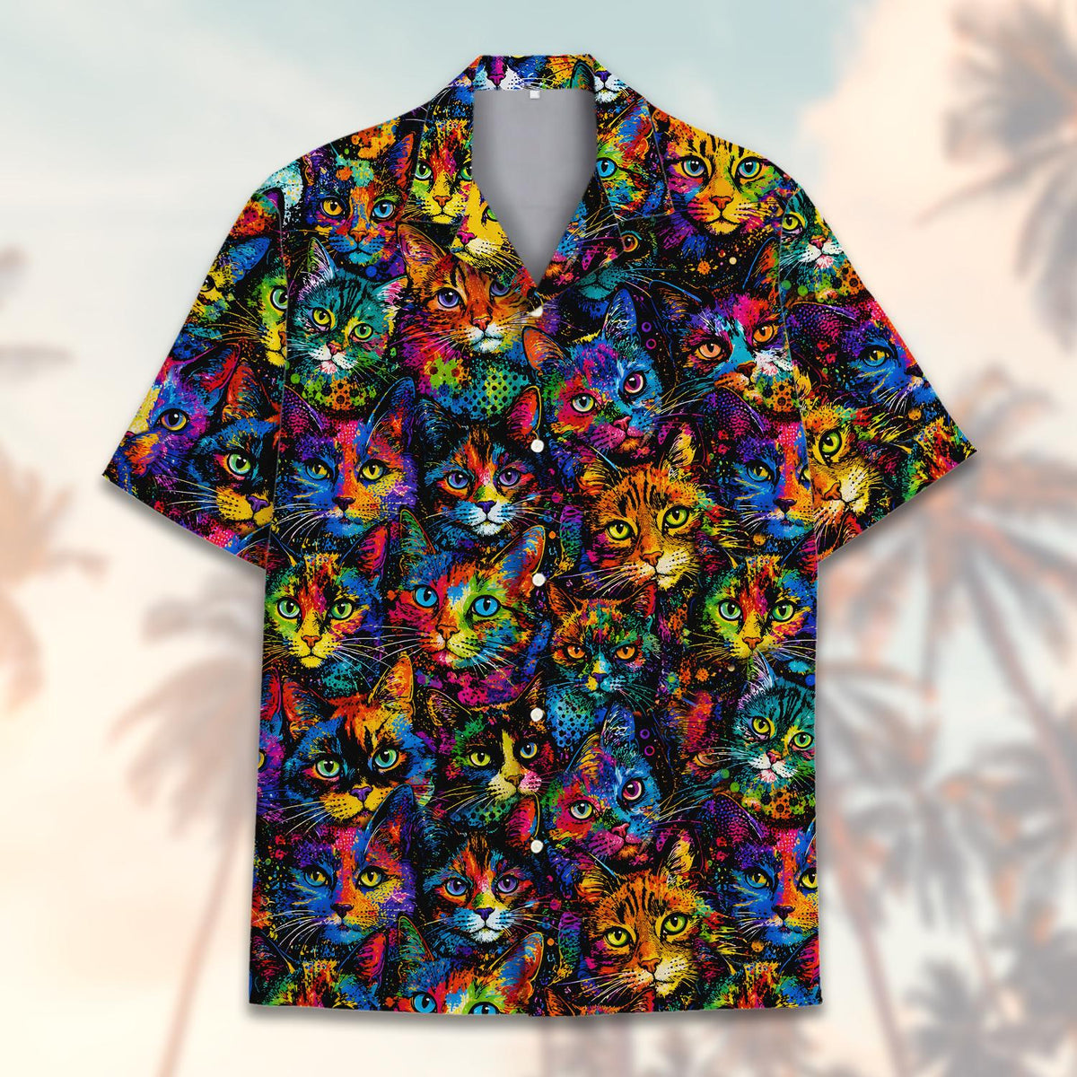 Close up front view of the psychedelic cats hawaiian shirt