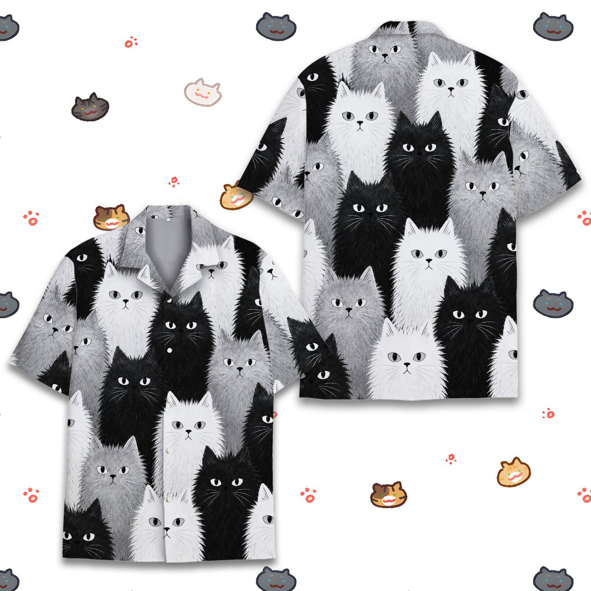Close up front view of the fluffy cats hawaiian shirt
