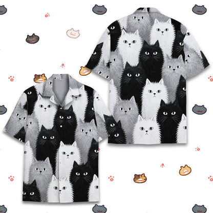 Close up front view of the fluffy cats hawaiian shirt