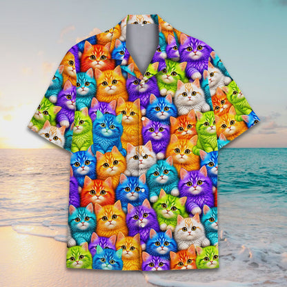 Close up front view of the colorful kitten hawaiian shirt