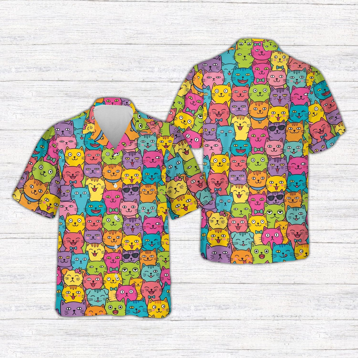 Another front angle of the family matching hawaiian shirt with cat faces