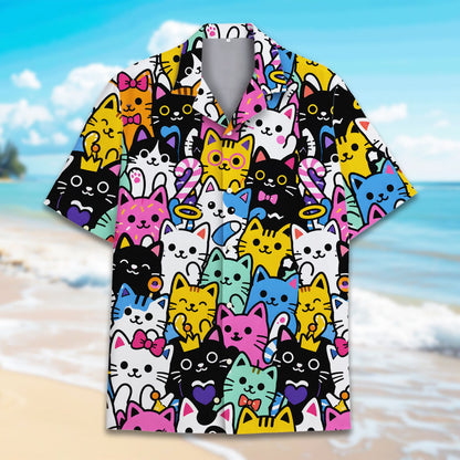 Additional front angle of the multicolor cats matching family hawaiian shirt