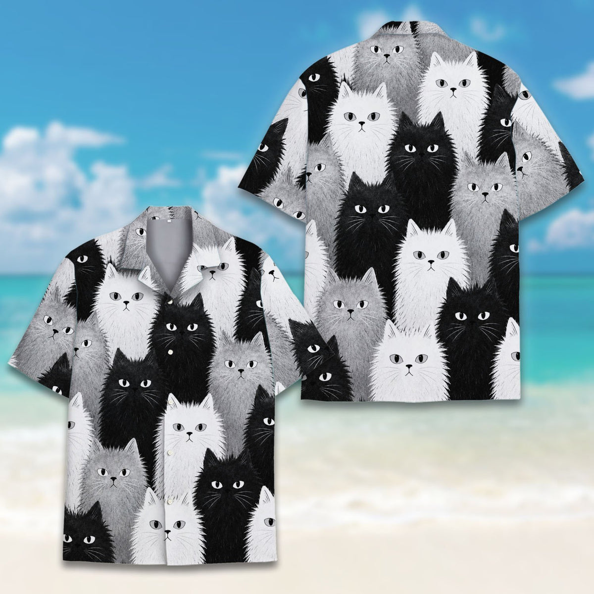 Front view of the matching family hawaiian shirt on model