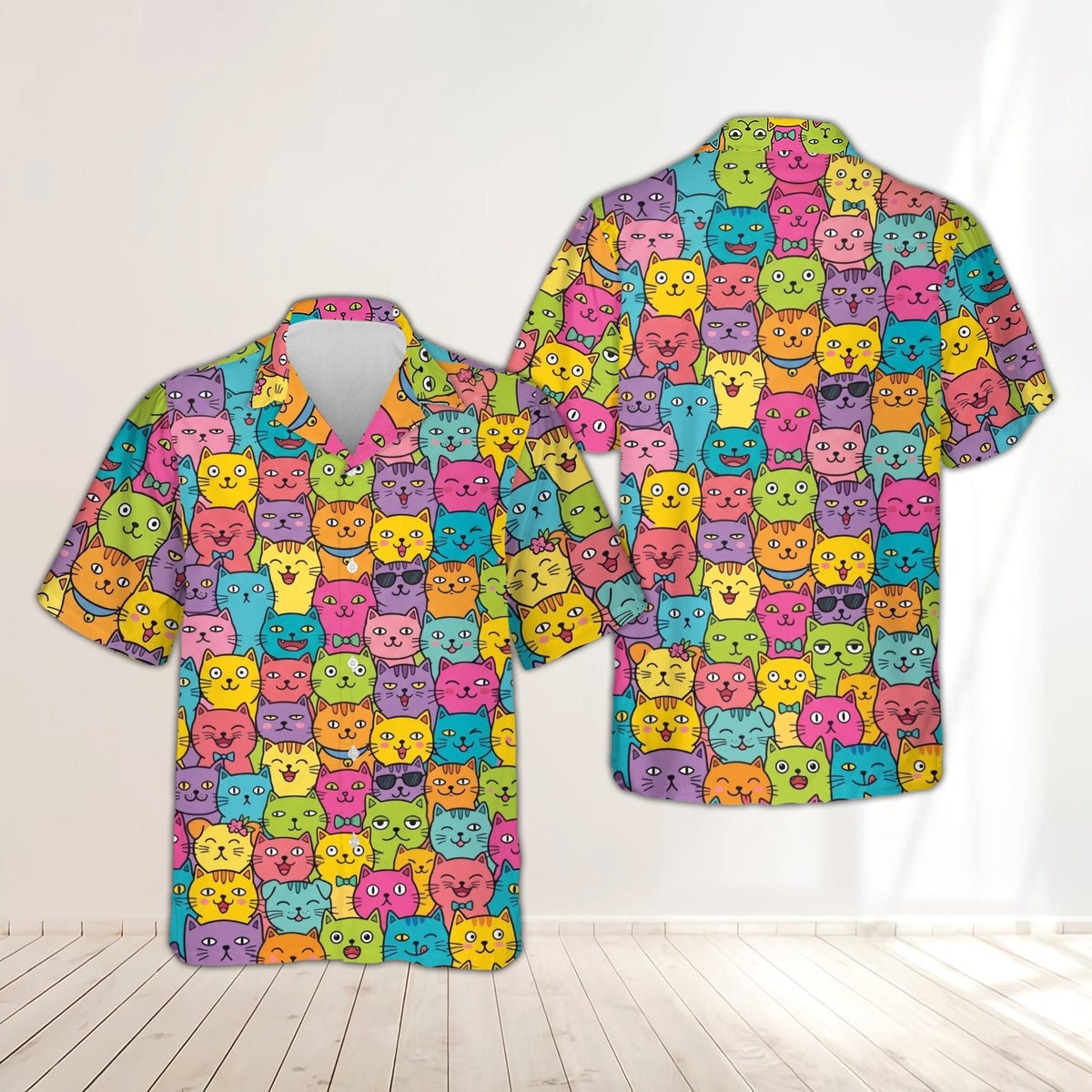 Bright cartoon cat print on family matching hawaiian shirt