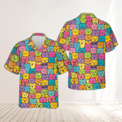 Bright cartoon cat print on family matching hawaiian shirt
