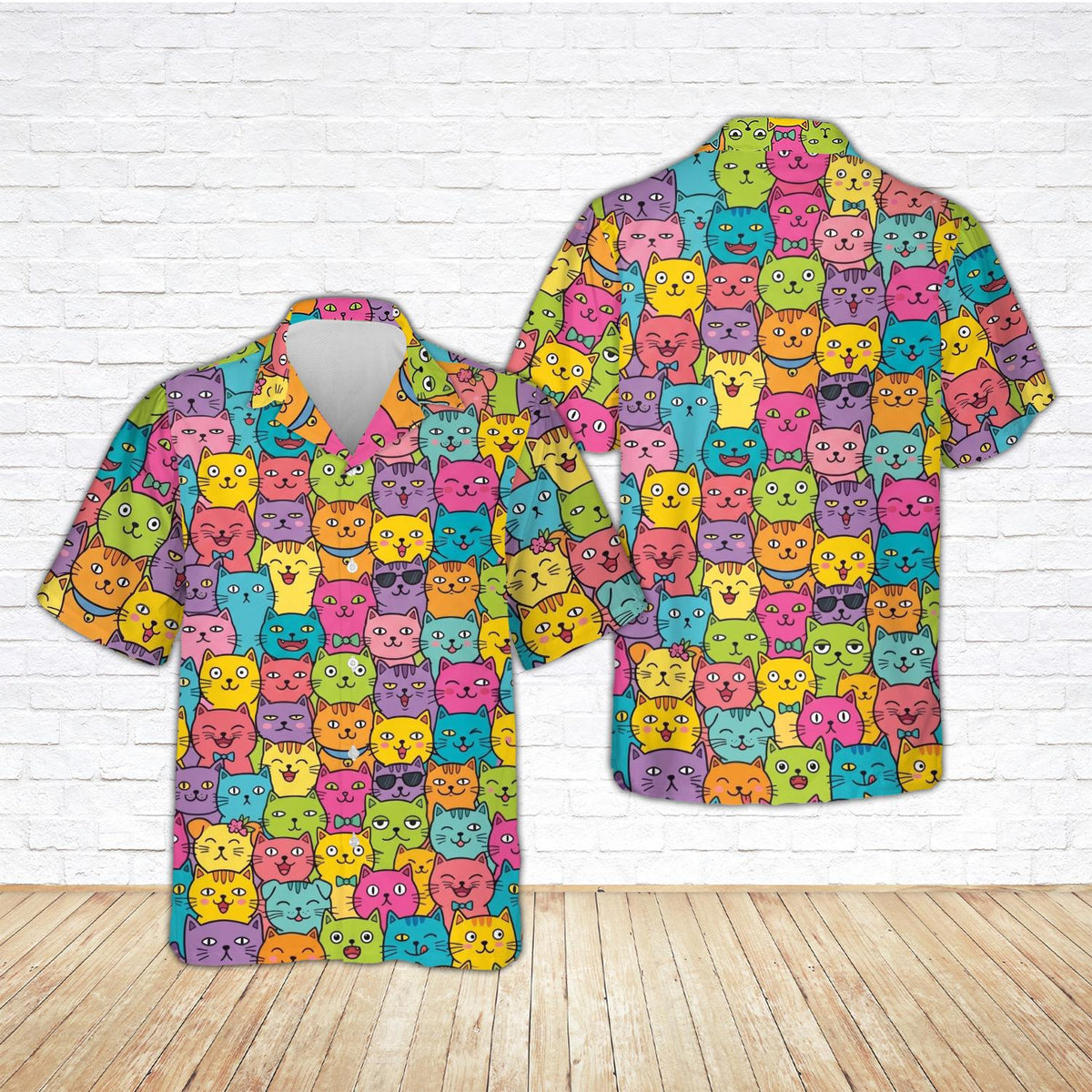 Matching family hawaiian shirt colorful cats design flat lay front view