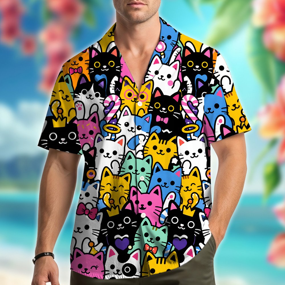 Main view of the cats hawaiian shirt featuring a colorful cartoon kitten pattern