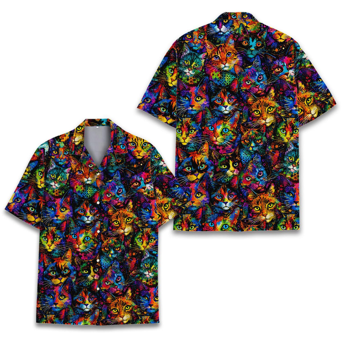 Front view of the matching family hawaiian shirt with psychedelic cat faces