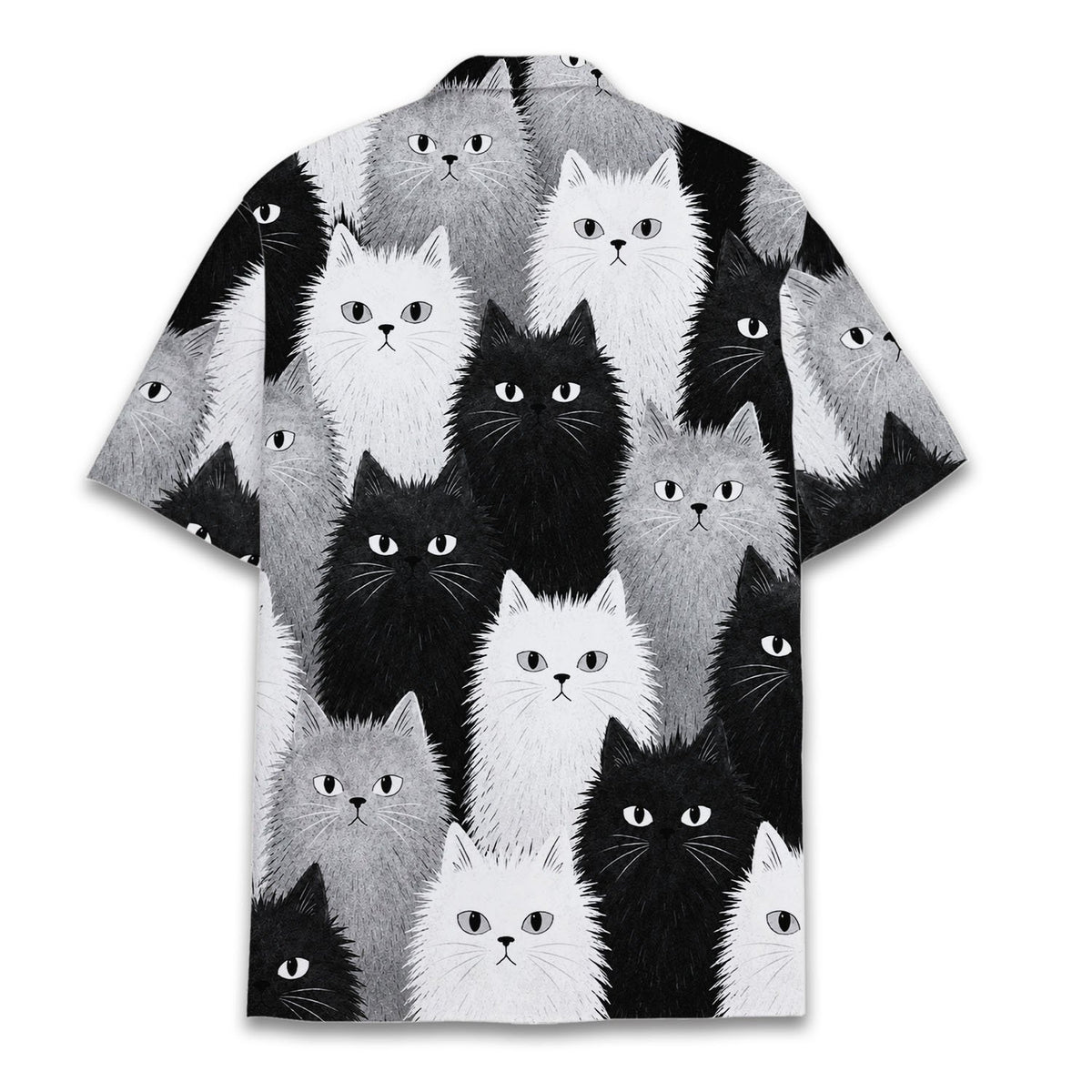 Front view of matching family hawaiian shirt featuring black and white cats
