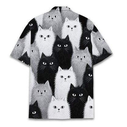 Front view of matching family hawaiian shirt featuring black and white cats