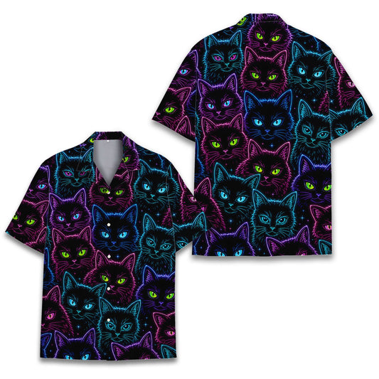 Neon cats hawaiian shirt with bright feline outlines on black background, front view