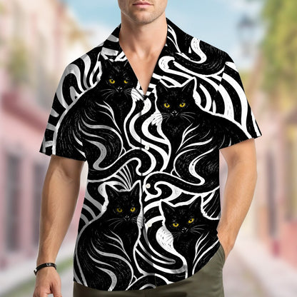Matching family hawaiian shirts with abstract black cats design, main view
