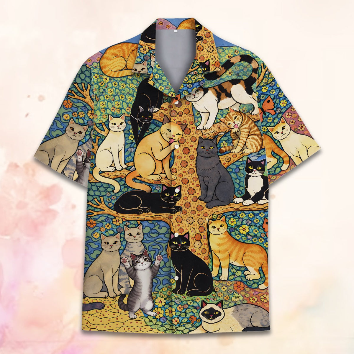 Matching family hawaiian shirts with vibrant cats and tree design, front flat lay view