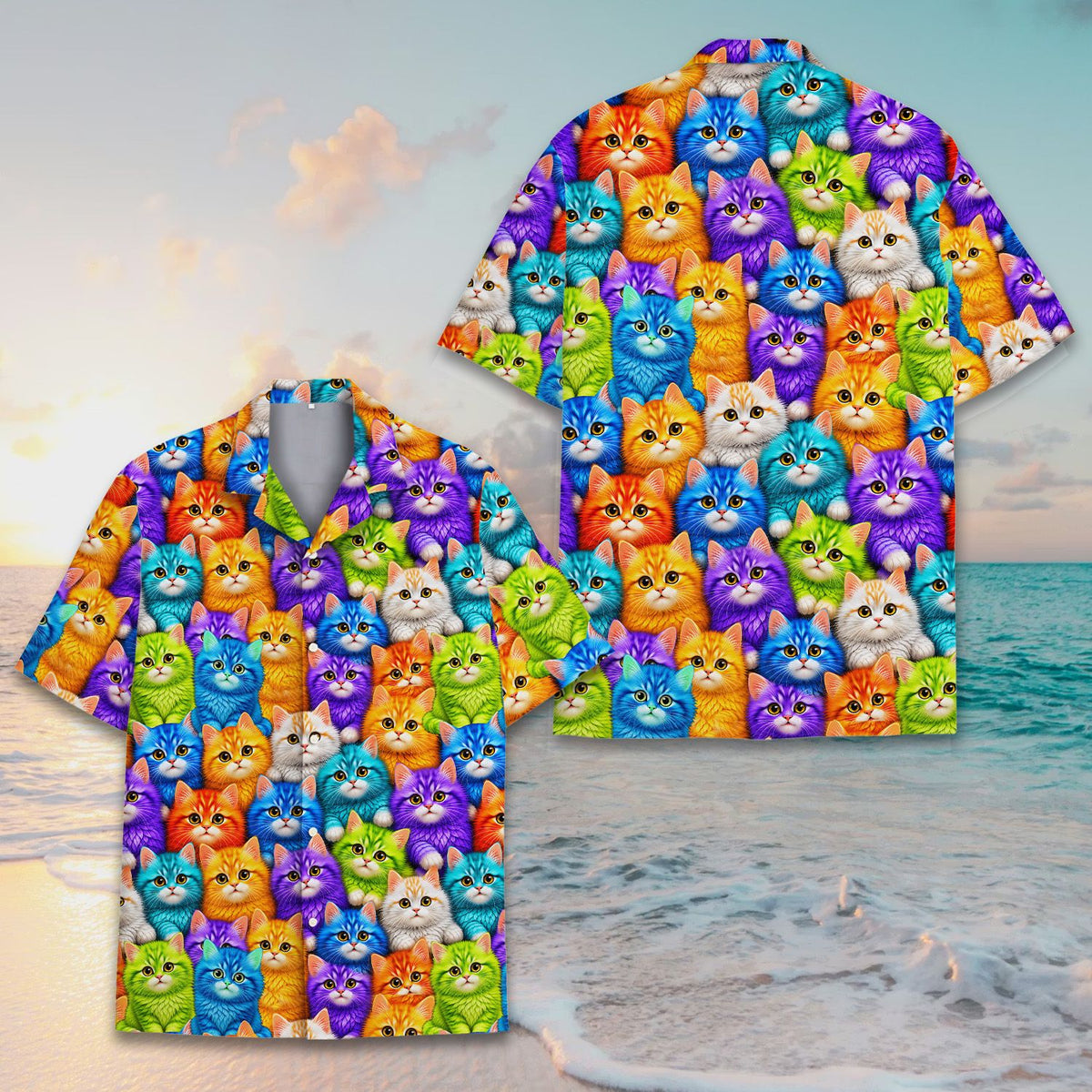 Main view of the cats hawaiian shirt with a vibrant rainbow kittens pattern