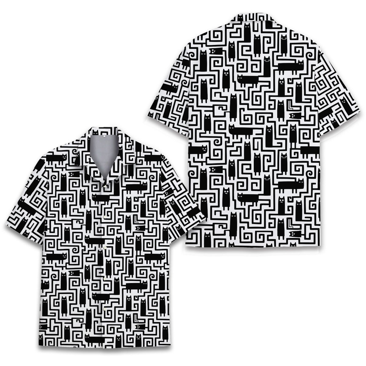 Main view of the matching family cats hawaiian shirt featuring a black and white geometric maze pattern