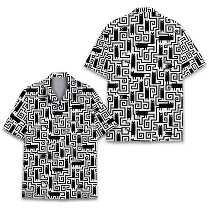 Main view of the matching family cats hawaiian shirt featuring a black and white geometric maze pattern