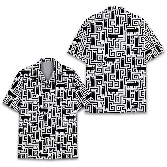 Main view of the matching family cats hawaiian shirt featuring a black and white geometric maze pattern