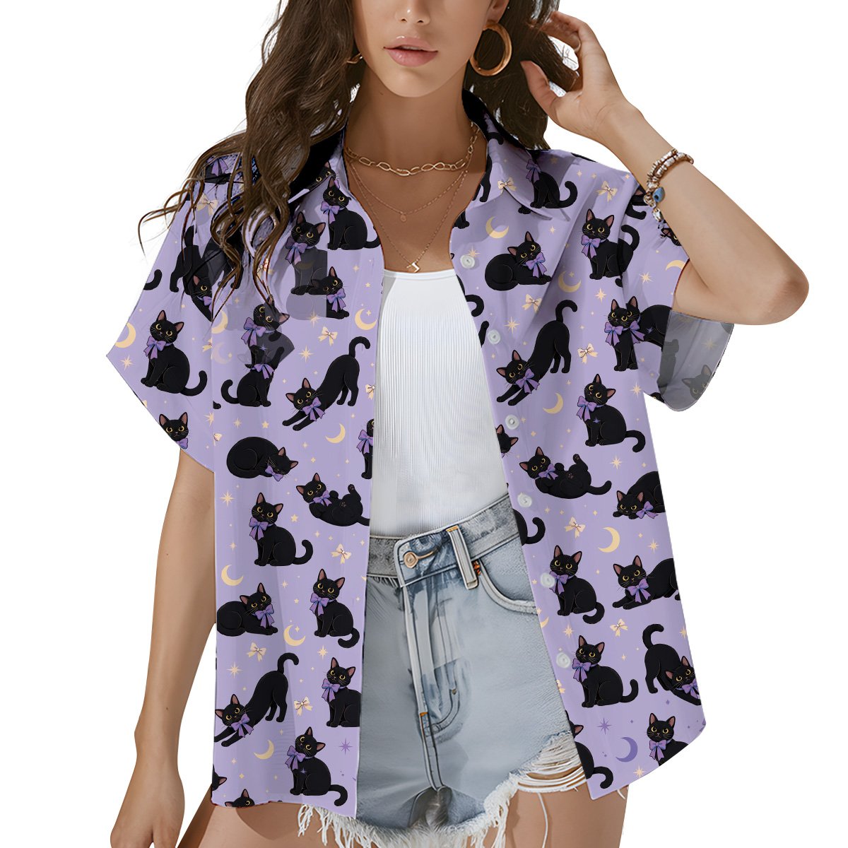 Main view of the light purple cats hawaiian shirt featuring black cats and moons