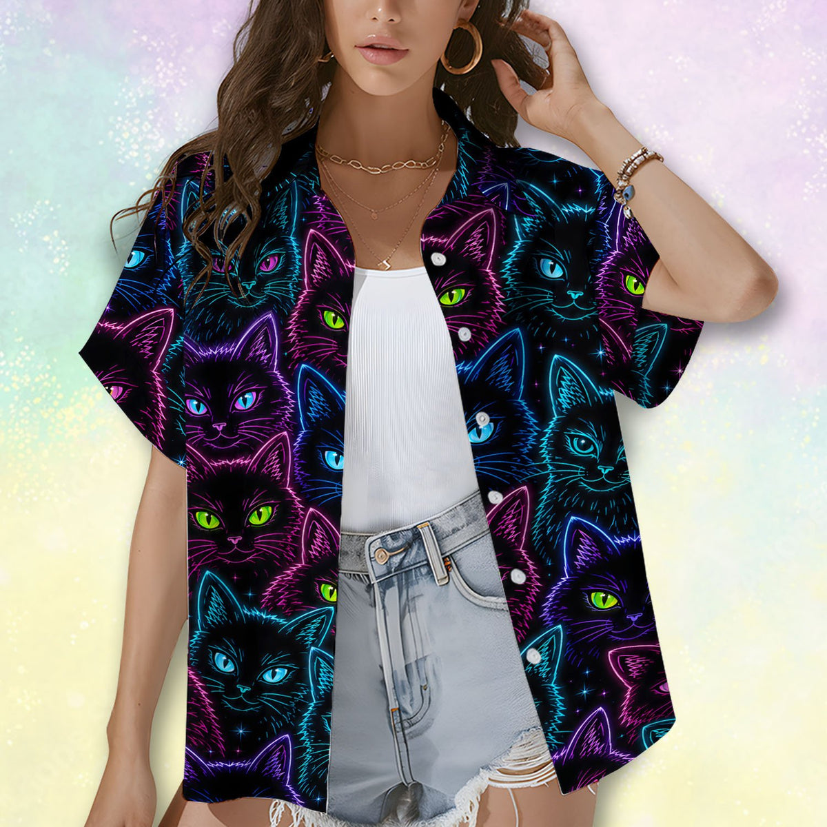 Person wearing vibrant cats hawaiian shirt outdoors, lifestyle view