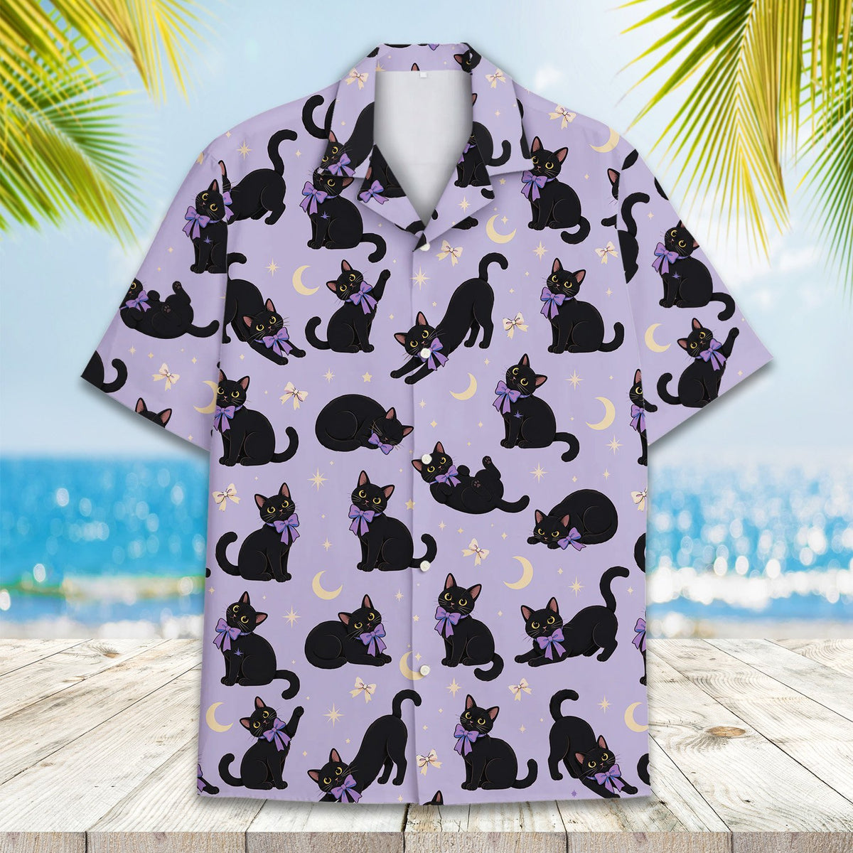 Another lifestyle view showcasing the cats hawaiian shirt in a casual setting