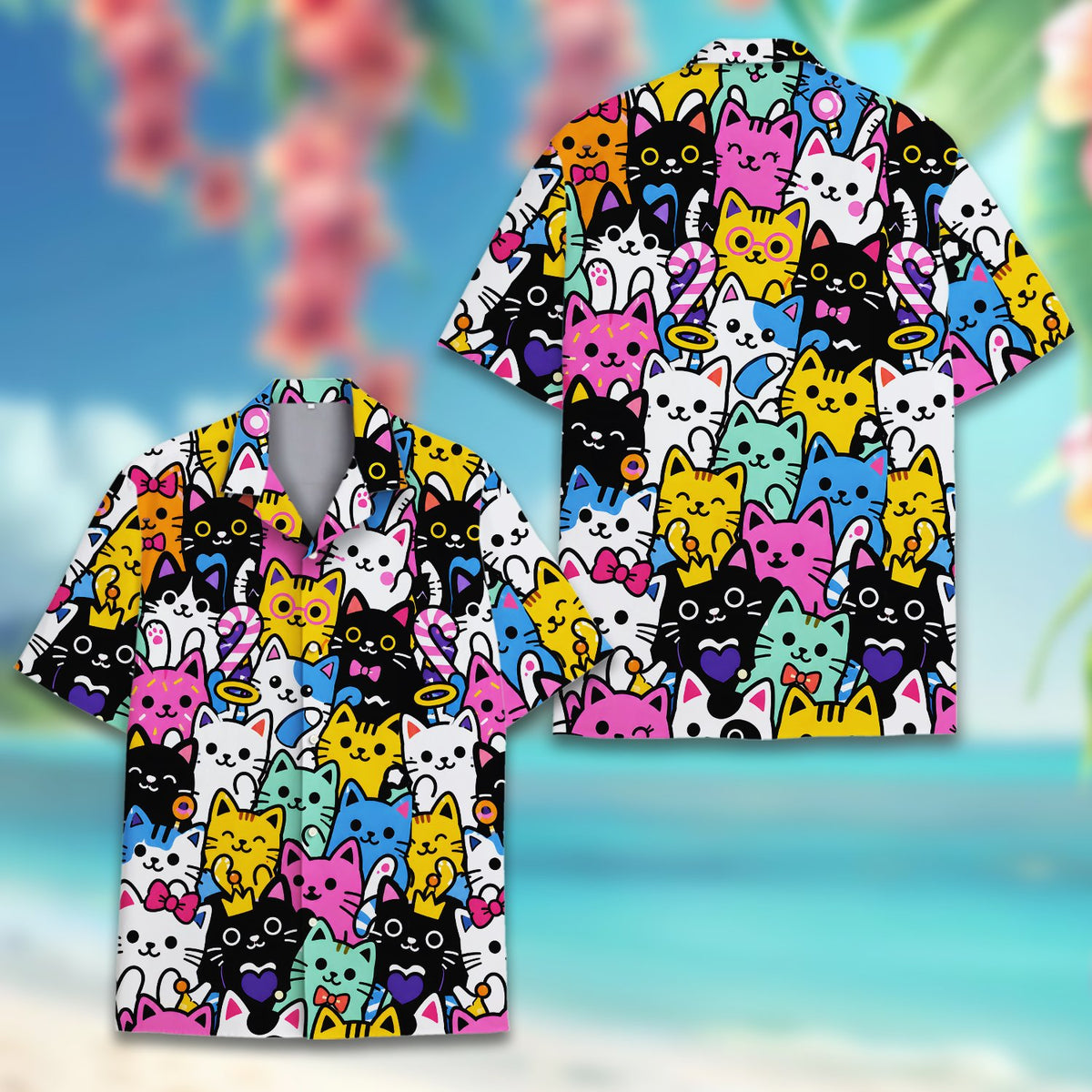 Third lifestyle view showing the vibrant cats hawaiian shirt in everyday wear