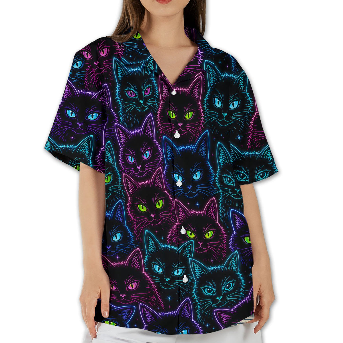 Detailed lifestyle shot of the cats hawaiian shirt pattern