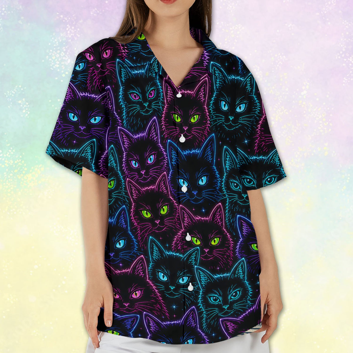 Group modeling matching family outfits with neon cat designs