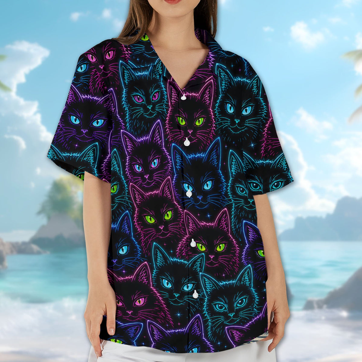 Back view of the cats hawaiian shirt worn in a lifestyle setting