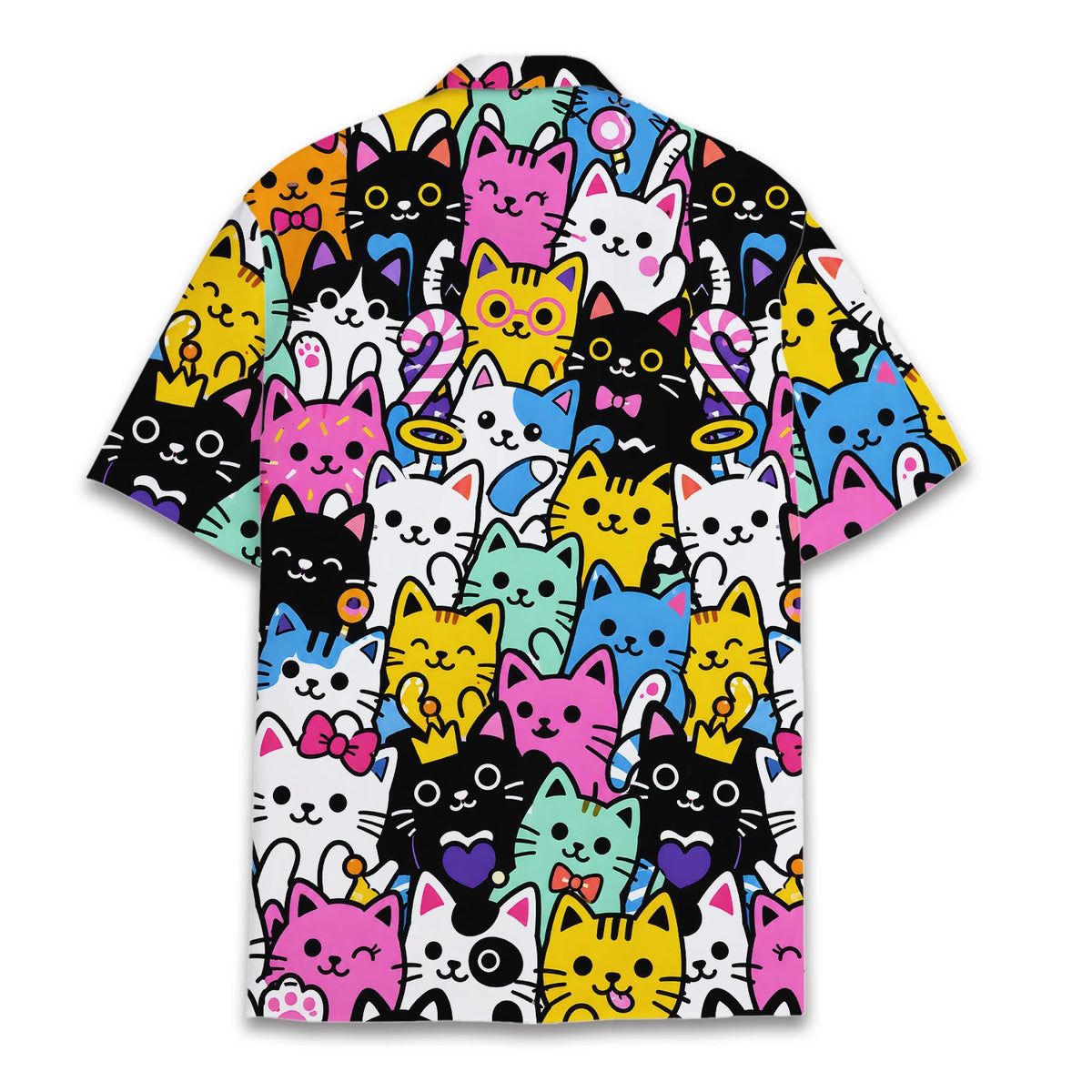 Lifestyle view of someone wearing the colorful cats hawaiian shirt outdoors