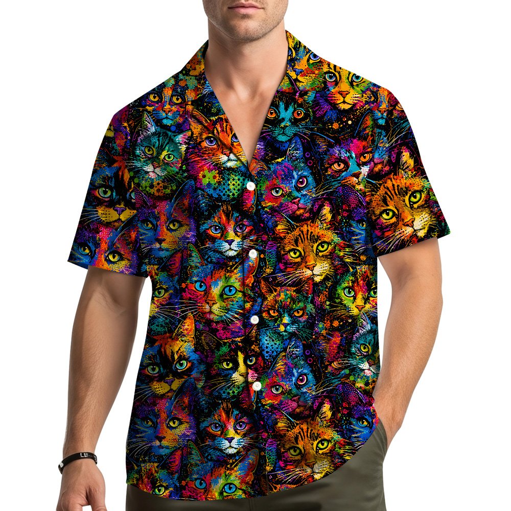 Lifestyle view of a person wearing the matching family hawaiian shirt with psychedelic cats