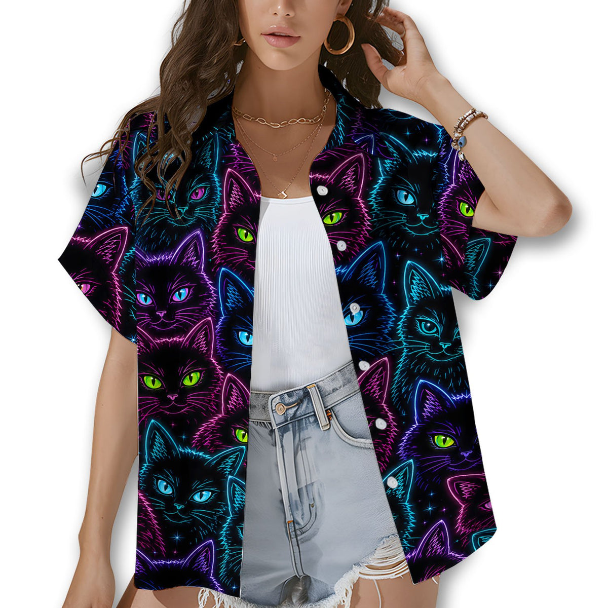 Family wearing matching family hawaiian shirts featuring neon cat designs, lifestyle view