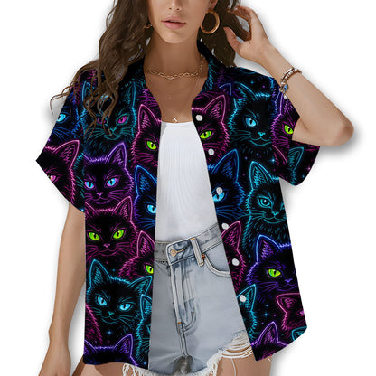Family wearing matching family hawaiian shirts featuring neon cat designs, lifestyle view