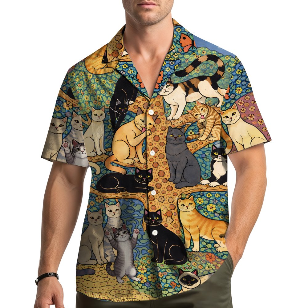 Lifestyle image of someone wearing the matching family hawaiian shirts with cats design