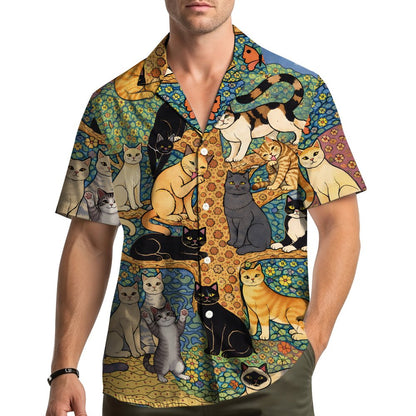 Lifestyle image of someone wearing the matching family hawaiian shirts with cats design